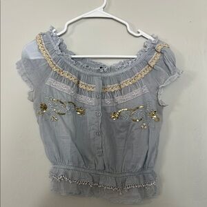 Blue and Gold Embellished Blouse with Ruffle Sleeves